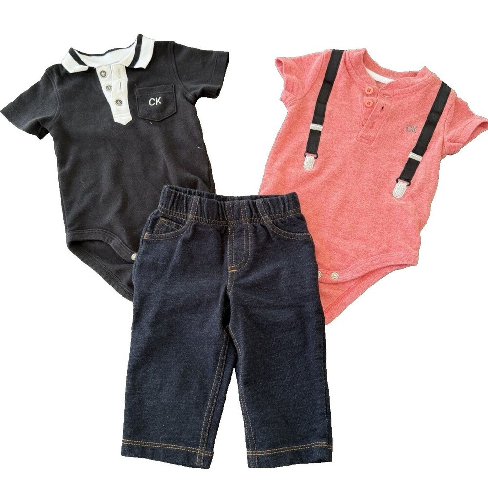 Calvin Klein Boys 3 Piece BUNDLE pants denim polo shirt Set Size 6M soft cotton